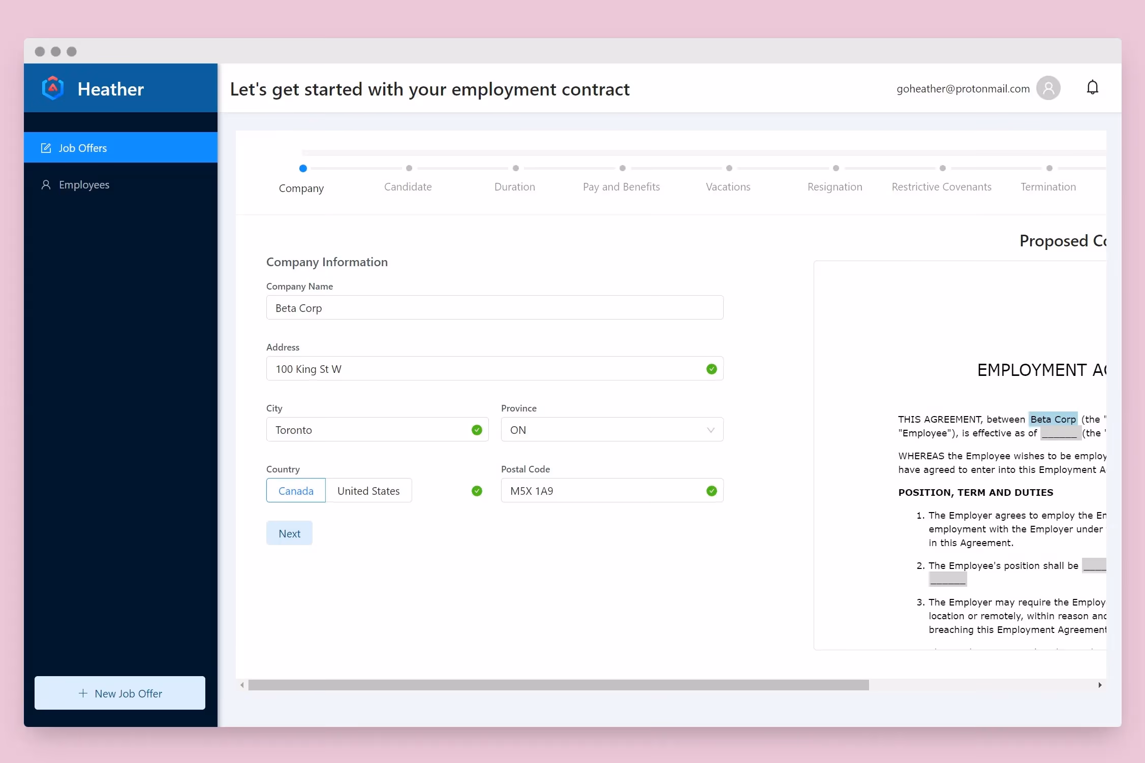 screen shot of the goheather contract builder app